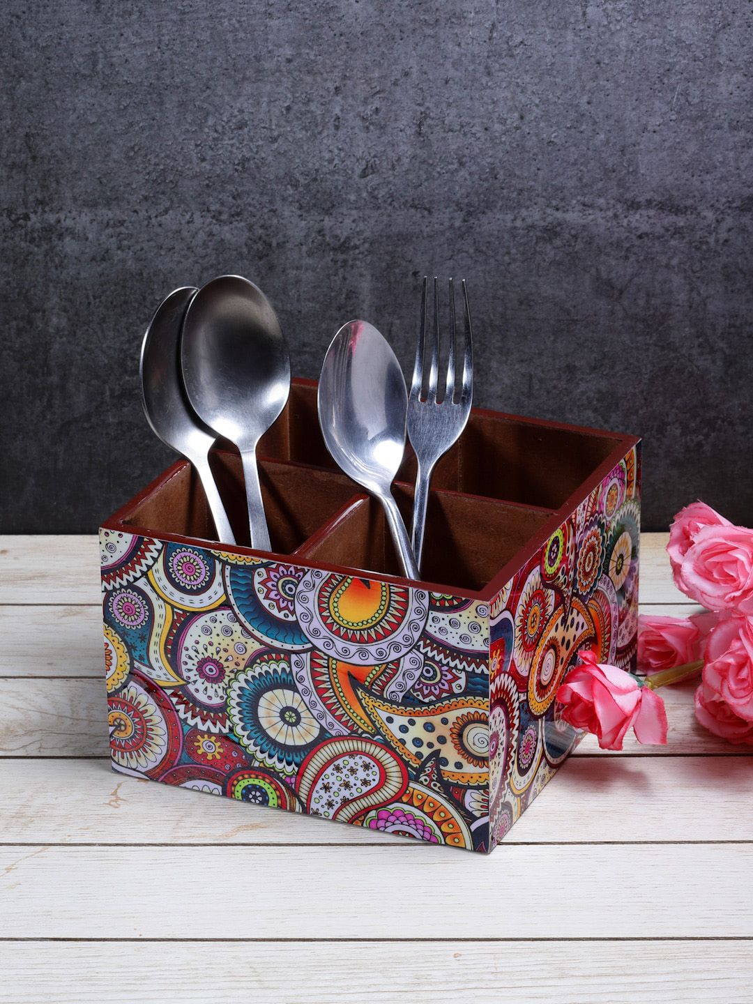 ROMEE Multicolored Printed Wooden Cutlery Holder Price in India