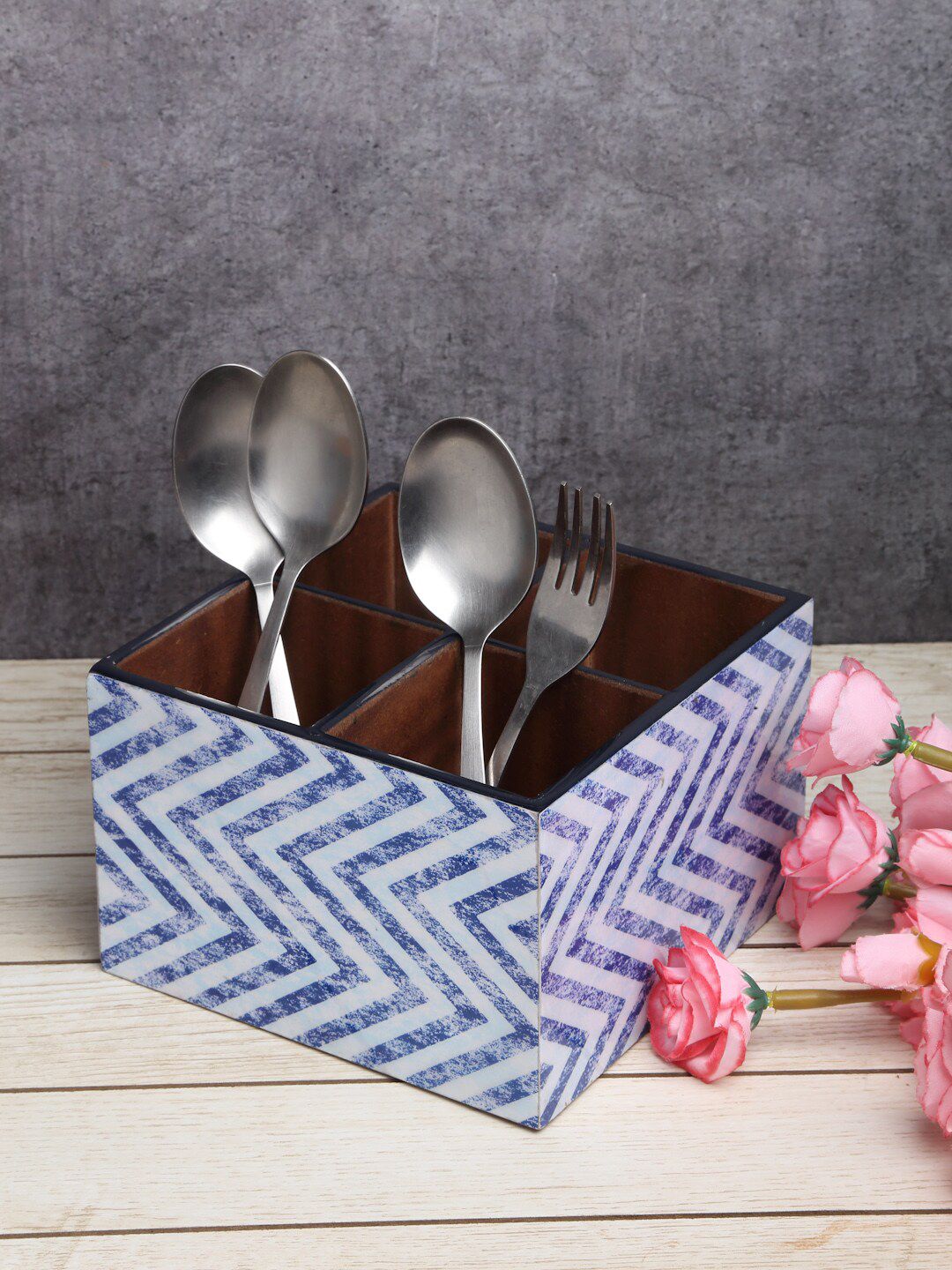 ROMEE White & Blue Wooden Cutlery Holder With 4 Divider Price in India