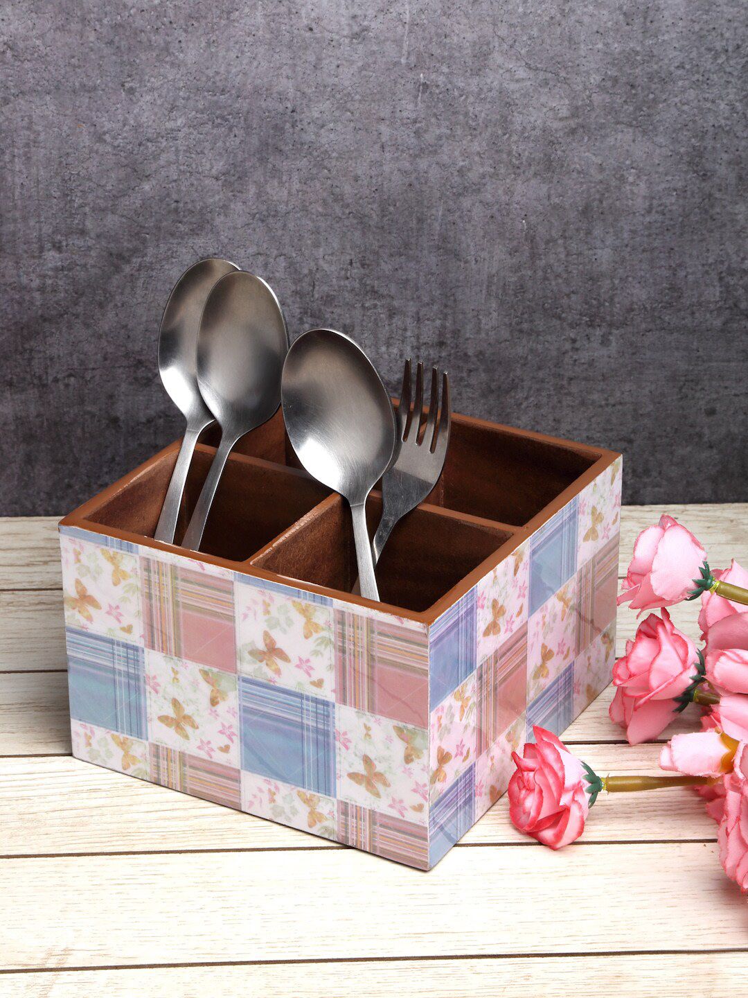 ROMEE Peach & Blue Wooden Cutlery Holder Price in India