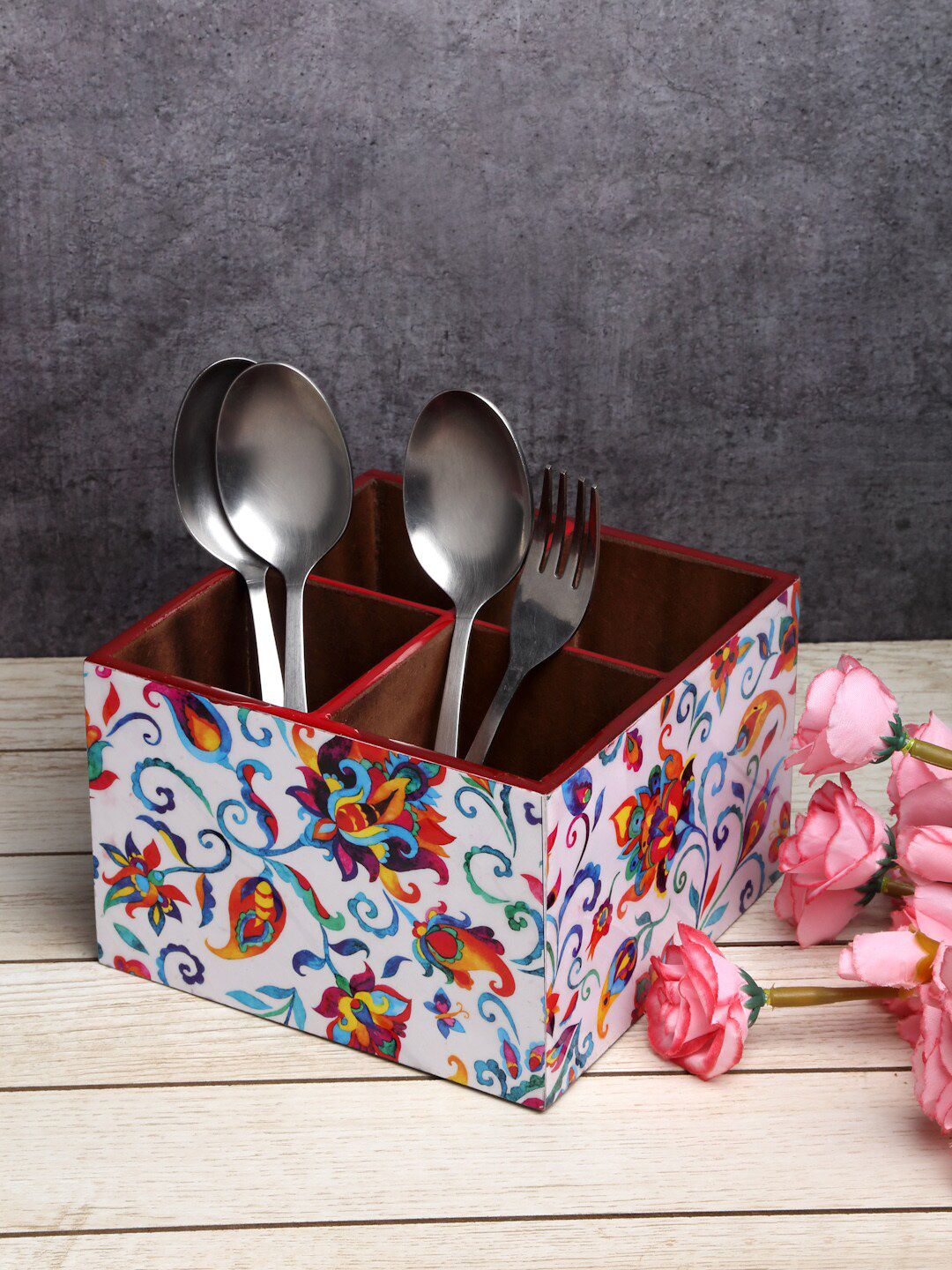 ROMEE White & Blue Printed Wooden Cutlery Holder Price in India