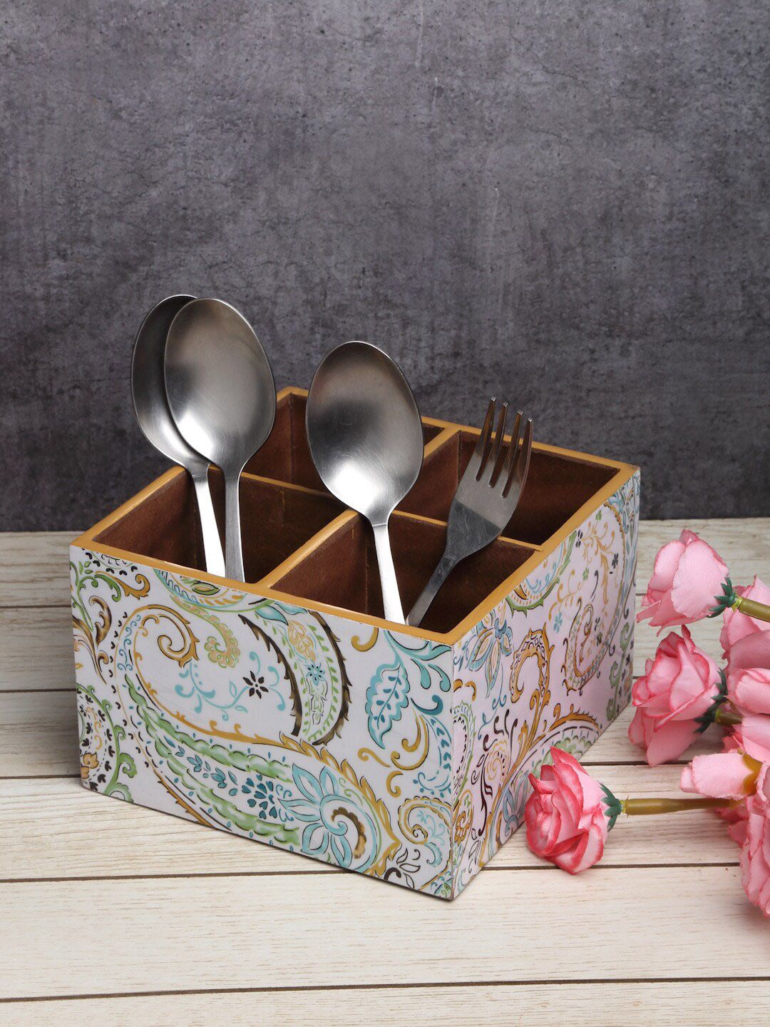 ROMEE White & Blue Printed Wooden Cutlery Holder With 4 Divider Organizer Price in India