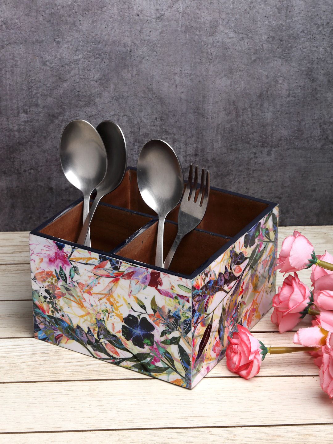 ROMEE Cream & Prink Floral Printed Cutlery Holder With Spoons & Fork Price in India