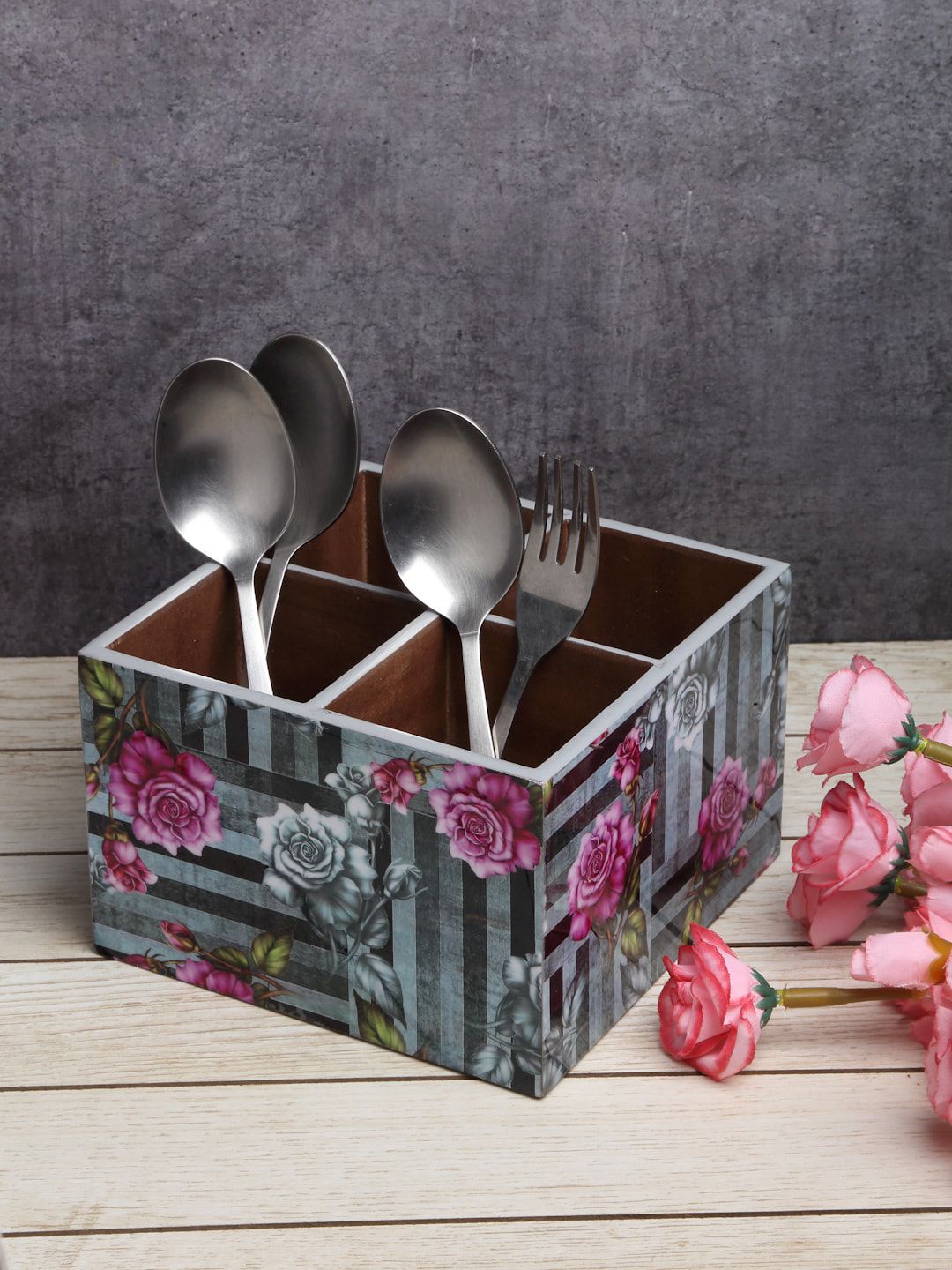 ROMEE Grey & Pink Wooden Cutlery Holder With 4 Divider Price in India