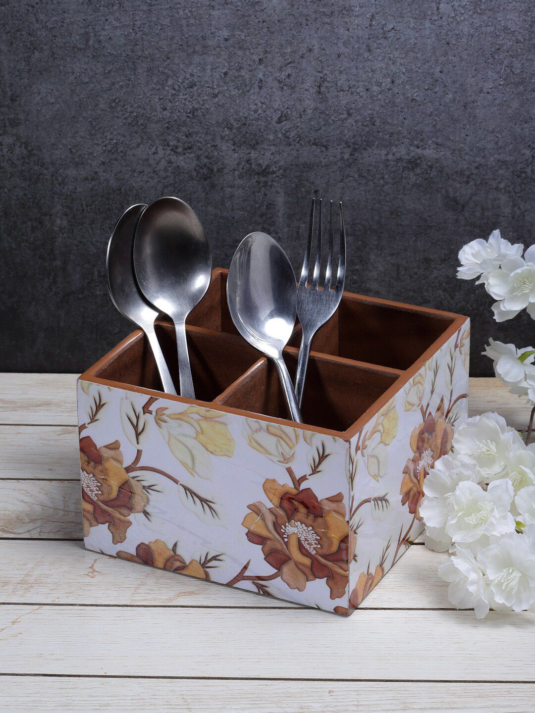 ROMEE White & Brown Wooden Cutlery Holder Price in India