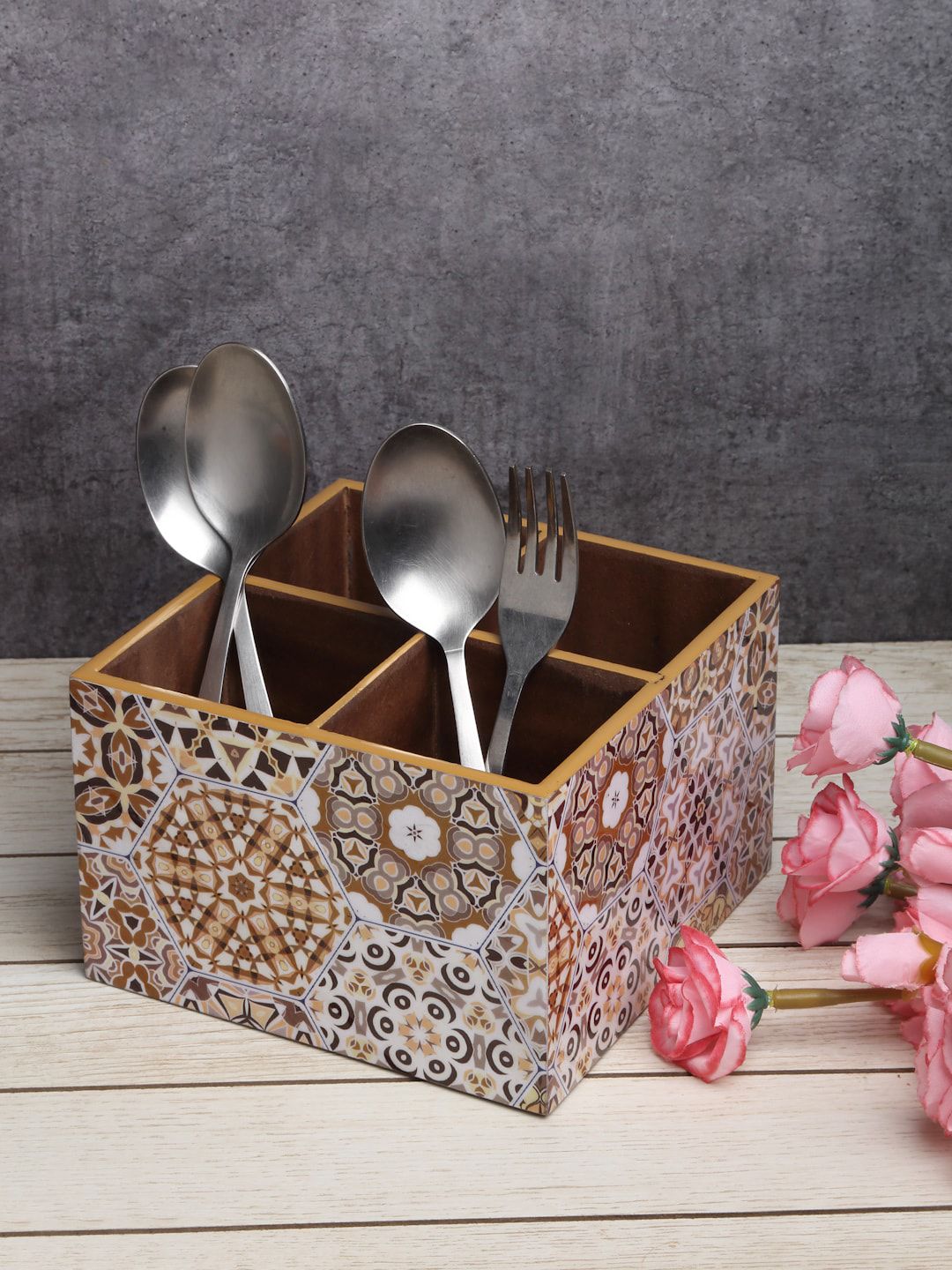 ROMEE Brown & White Floral Printed Cutlery Holder With Spoons & Fork Price in India