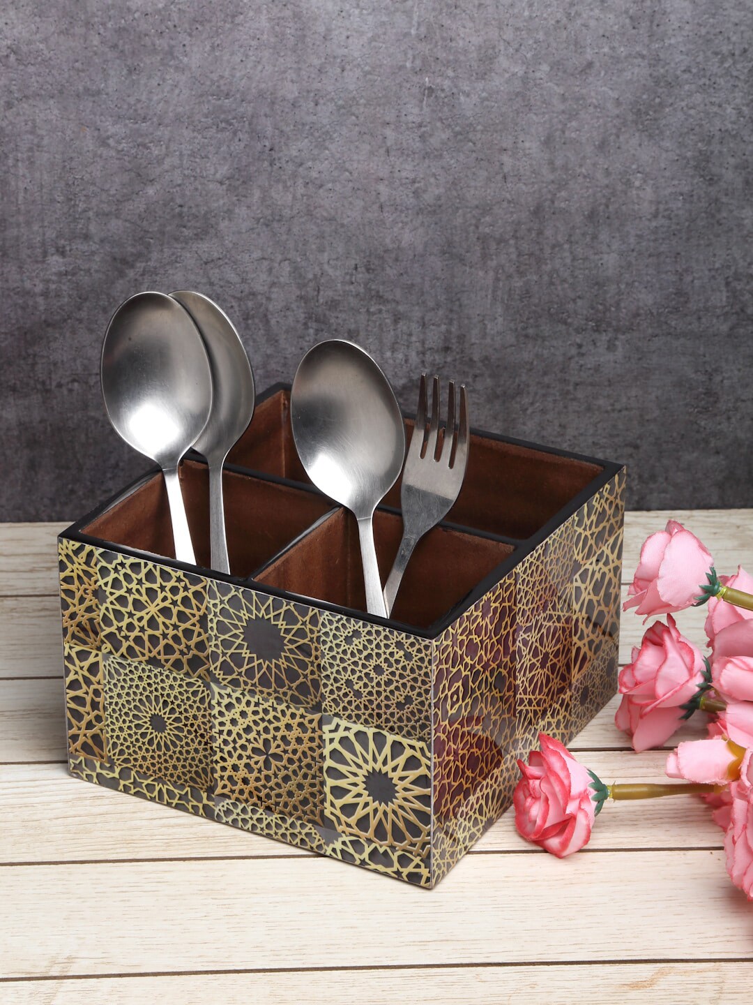ROMEE Black & Yellow Wooden Cutlery Holder With 4 Divider Price in India
