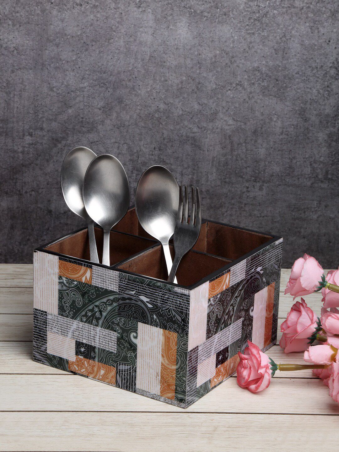 ROMEE Green Printed Wooden Cutlery Holder Price in India