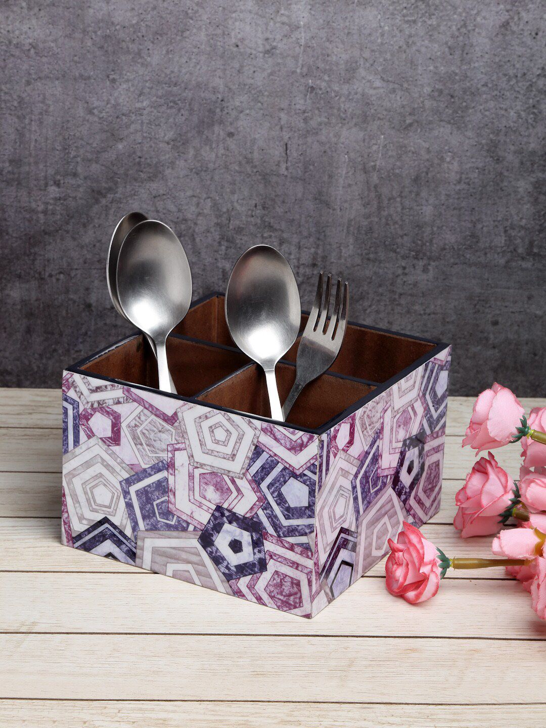 ROMEE White & Blue Wooden Cutlery Holder With 4 Divider Price in India