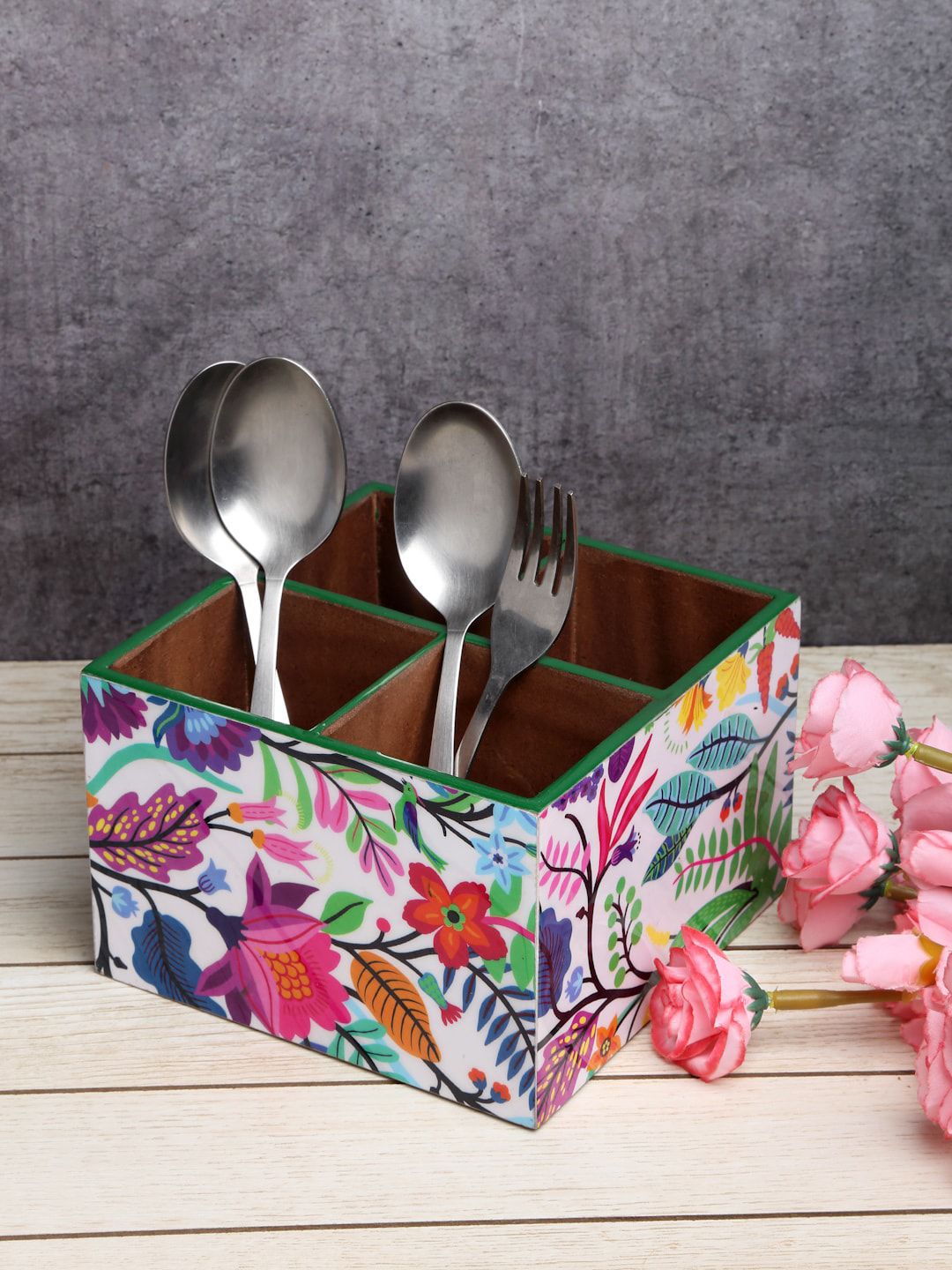 ROMEE White & Pink Wooden Cutlery Holder Price in India