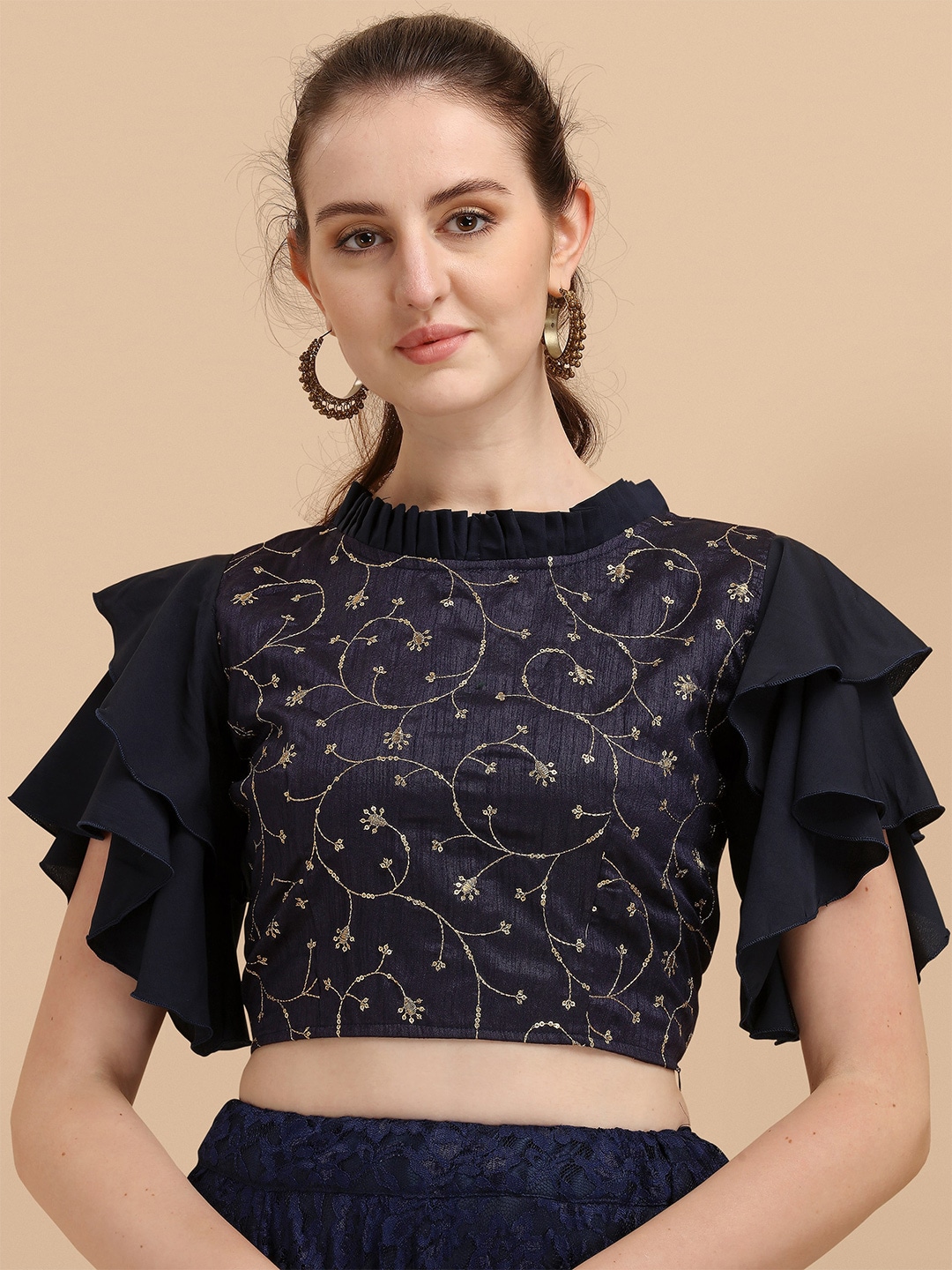 Paralians Blue Floral Crepe Crop Top Price in India