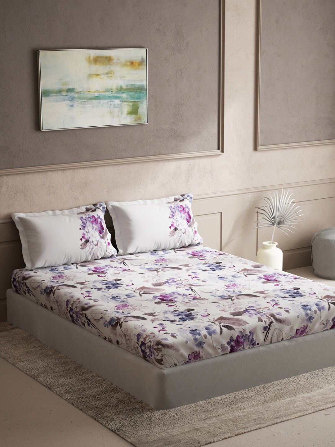 DDecor Purple & Grey Floral Cotton 144 TC Queen Bedsheet with 2 Pillow Covers Price in India