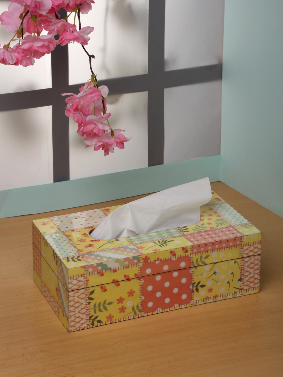 ROMEE Yellow Printed Wooden Tissue Box Holder Price in India