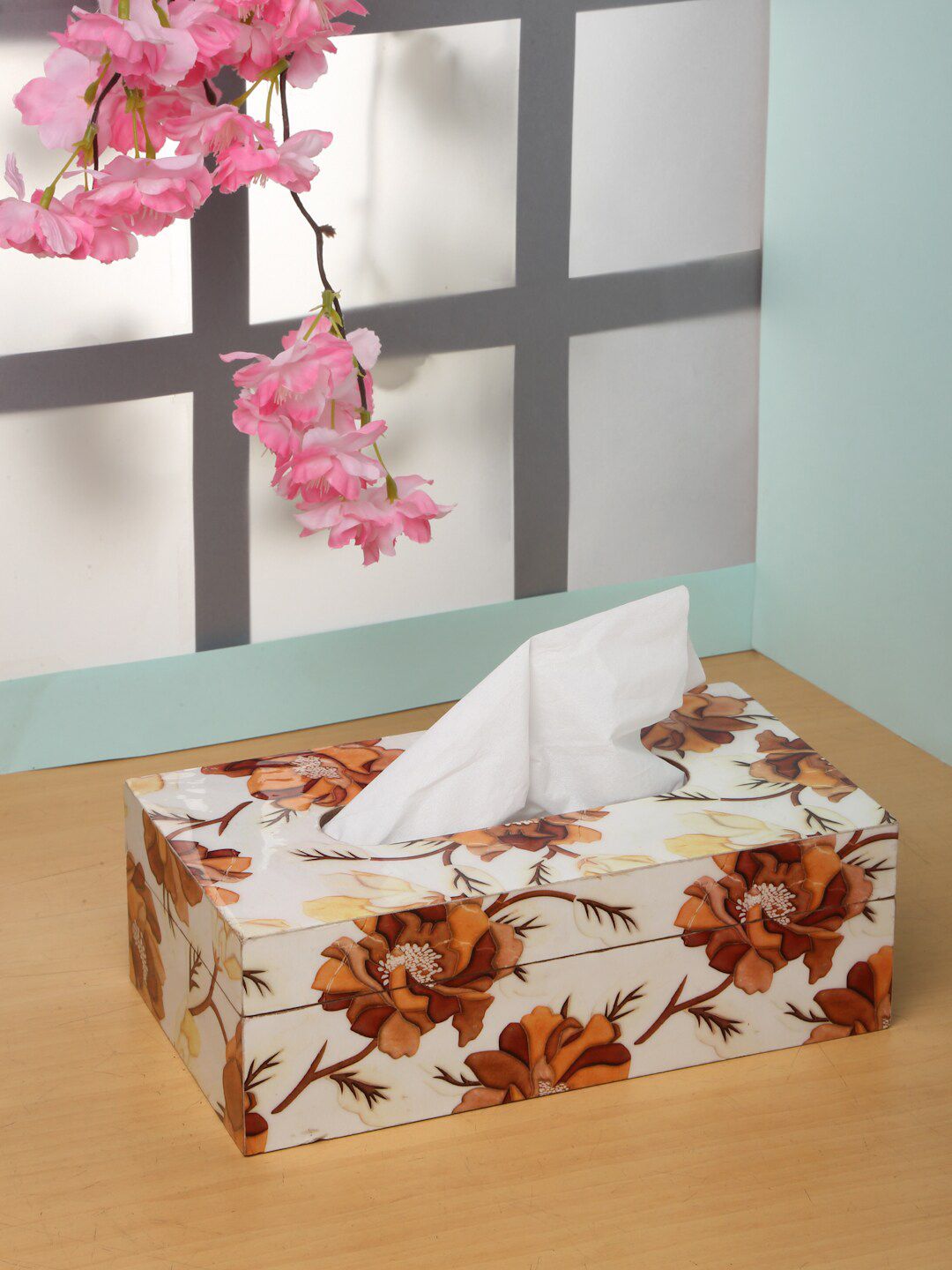 ROMEE White & Brown Floral Printed Tissue Box Holder Price in India