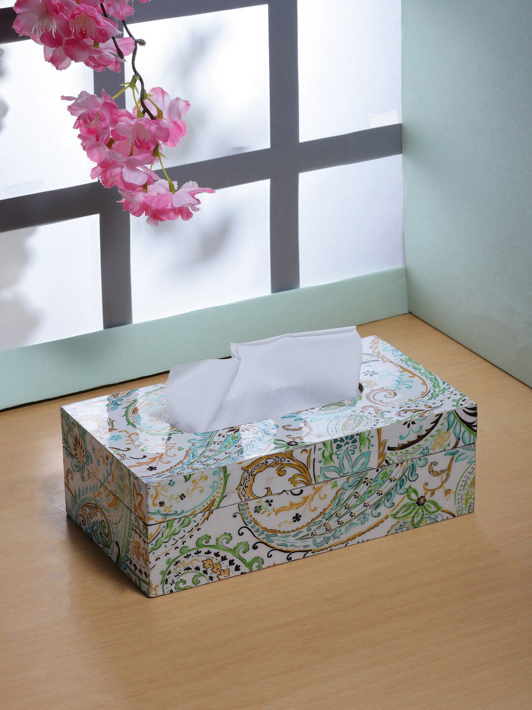 ROMEE White & Green Printed Wooden Tissue Box Holder Price in India