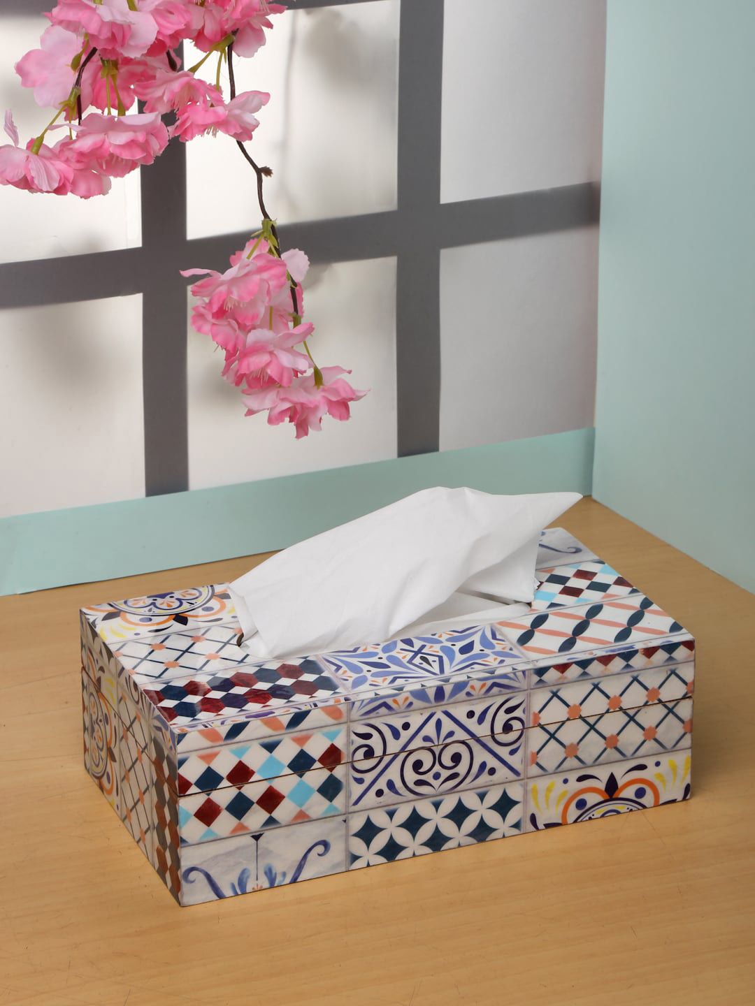 ROMEE White & Blue Printed Wooden Tissue Box Holder Price in India