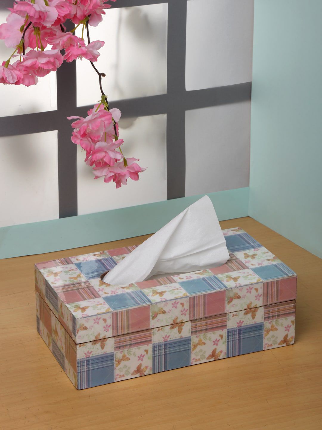 ROMEE Blue & Pink Printed Wooden Tissue Box Holder Price in India