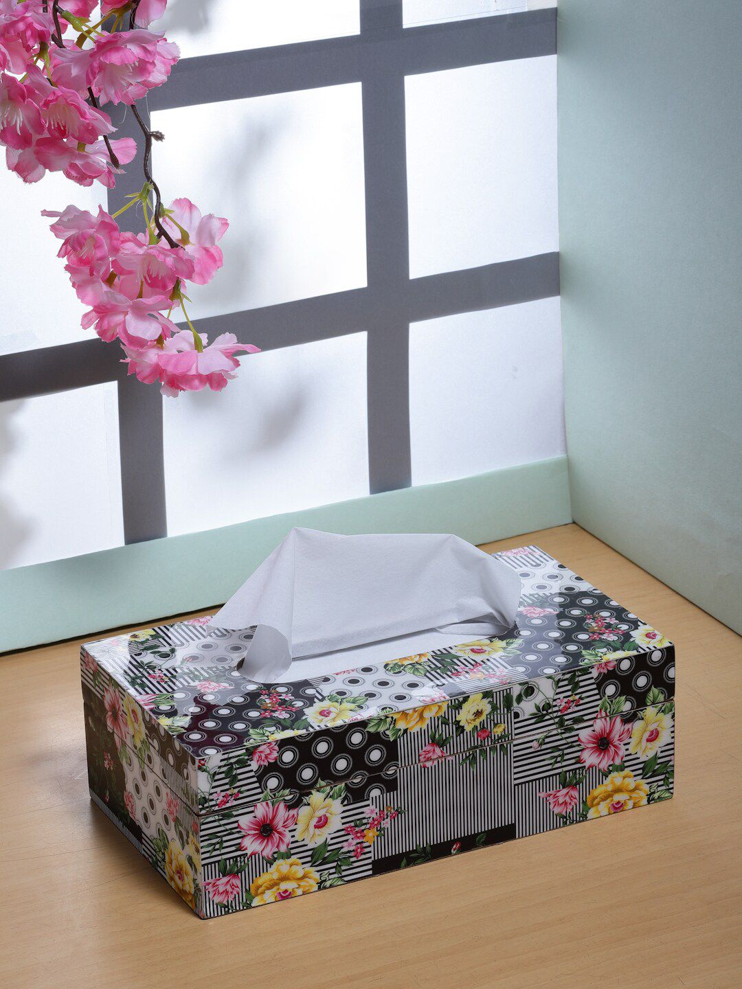 ROMEE Black Printed Wooden Tissue Box Holder Price in India