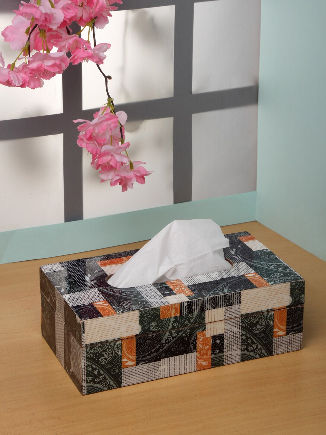 ROMEE Green & White Printed Wooden Tissue Box Holder Price in India