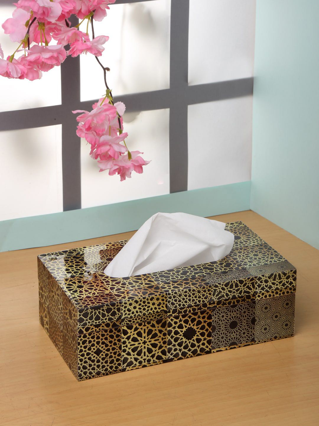 ROMEE Yellow & Black Printed Wooden Tissue Box Holder Price in India