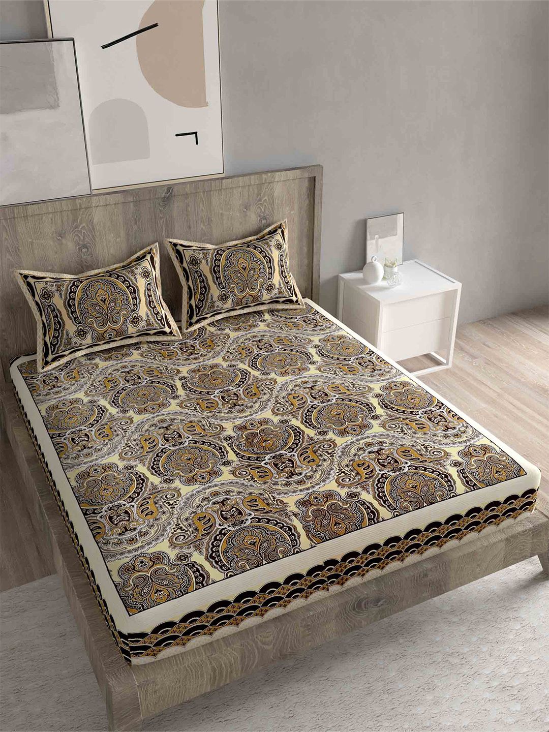 Spangle Beige & Yellow Ethnic Motifs Cotton 260 TC King Bedsheet with 2 Pillow Covers Price in India
