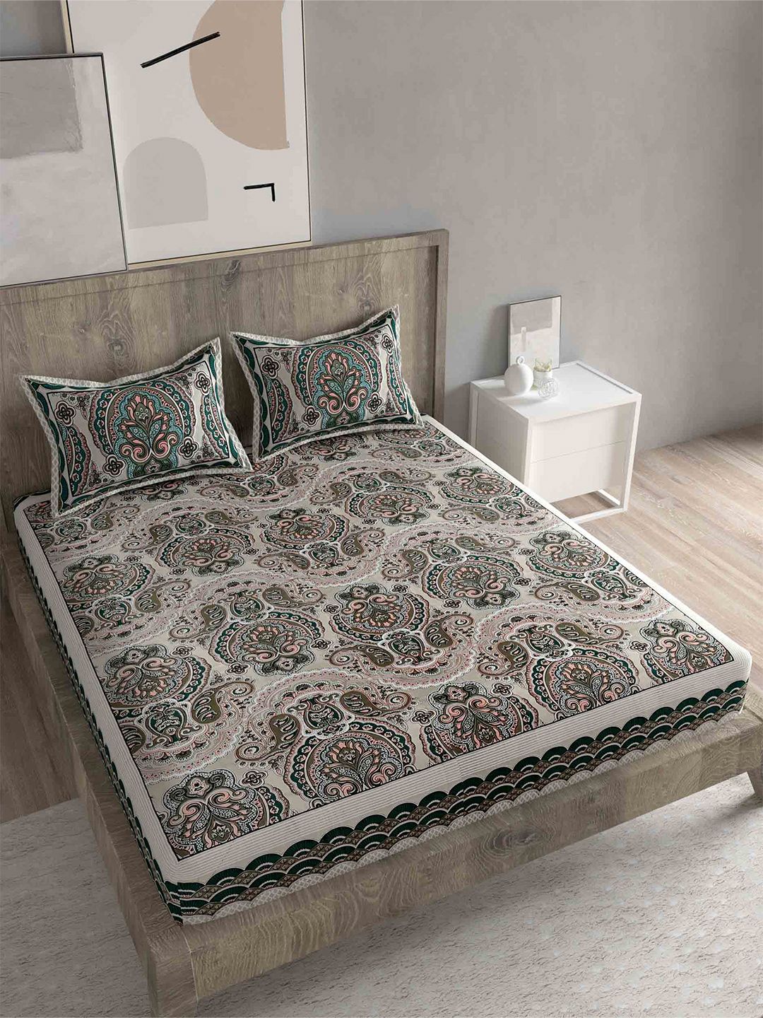 Spangle Navy Blue & Grey Ethnic Motifs Cotton 260 TC King Bedsheet with 2 Pillow Covers Price in India