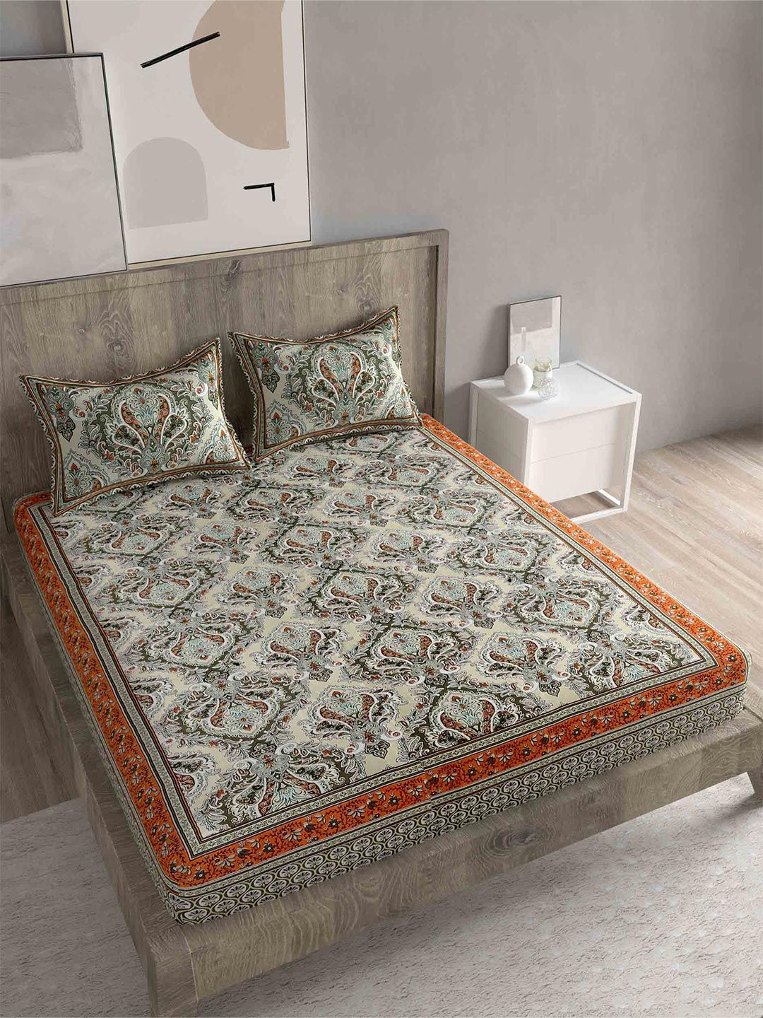 Spangle Olive Green & Brown Ethnic Motifs Cotton 260 TC King Bedsheet with 2 Pillow Covers Price in India