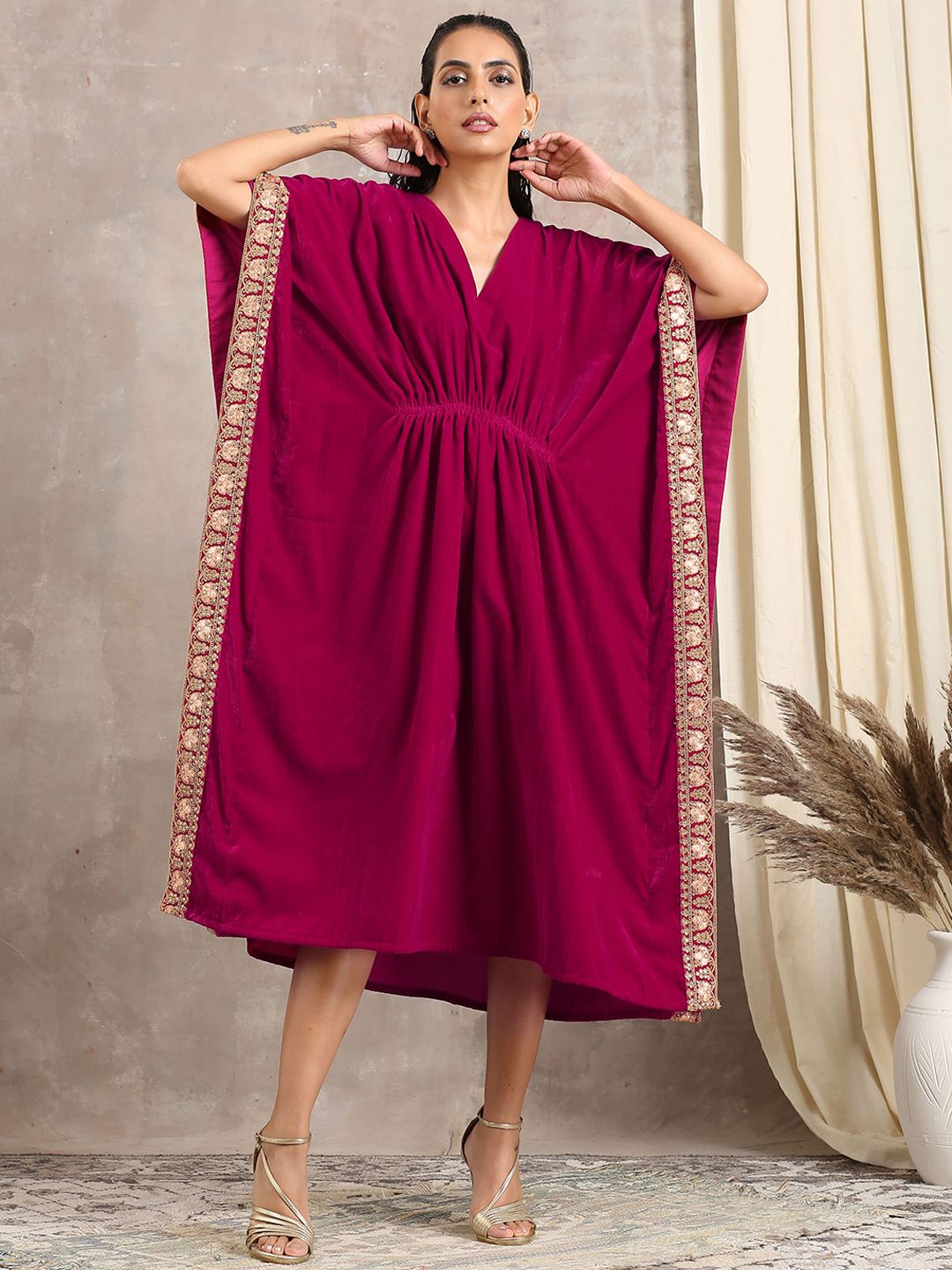 trueBrowns Women Pink Ethnic Motifs Kimono Sleeves Velvet Dress Price in India