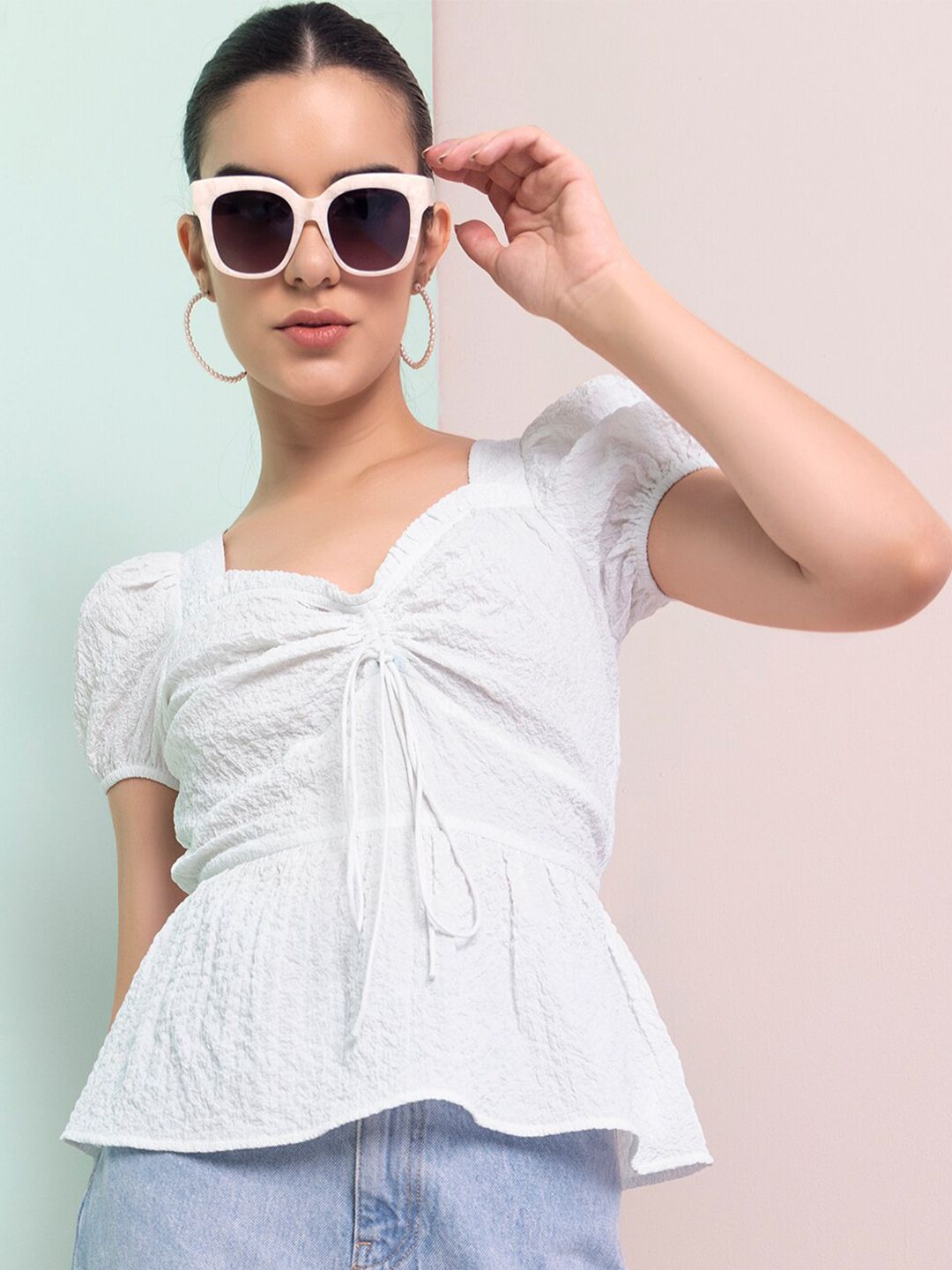 FabAlley White Sweetheart Neck Crepe Peplum Top Price in India