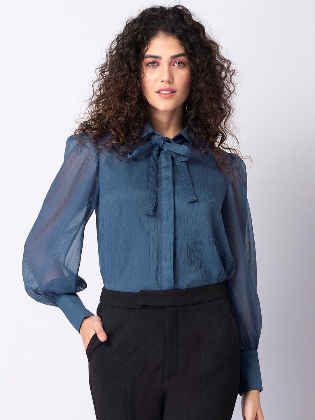 FabAlley Blue Tie-Up Neck Chiffon Shirt Style Top Price in India