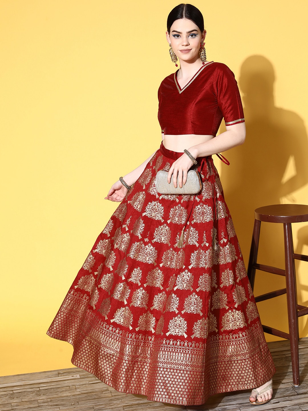 Shae by SASSAFRAS Maroon & Gold-Toned Printed Ready to Wear Lehenga & Blouse Price in India