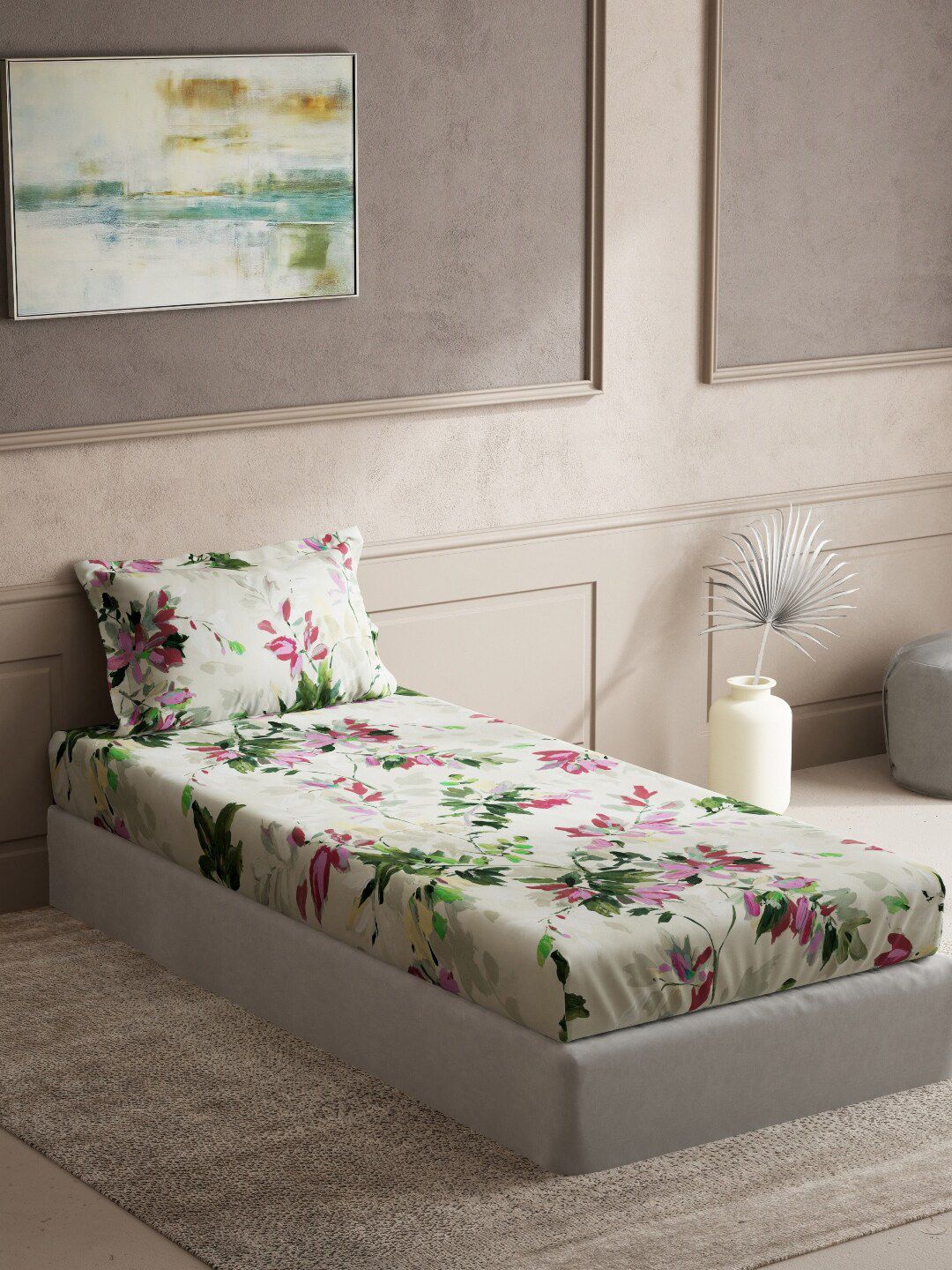 DDecor Pink & Green Floral 150 TC Single Bedsheet with 1 Pillow Covers Price in India