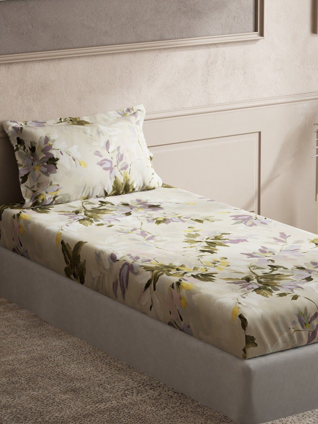 DDecor Purple & Green Floral 150 TC Single Bedsheet with 1 Pillow Covers Price in India