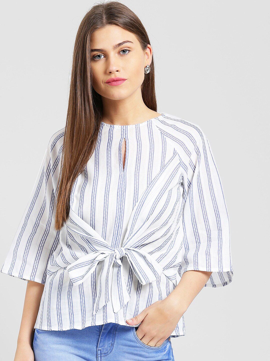 Be Indi Women White & Blue Striped Keyhole Neck Cinched Pure Cotton Waist Top Price in India