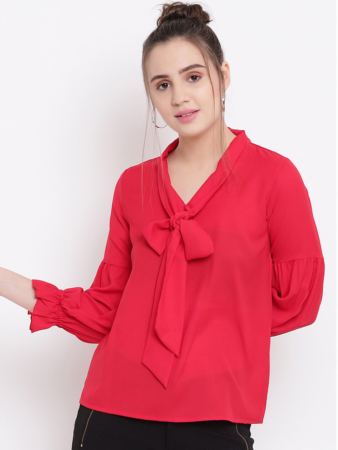 Be Indi Women Red Tie-Up Neck Crepe Top Price in India