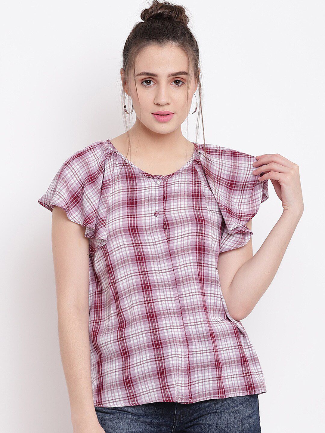 Be Indi Women Pink & Maroon Checked Pure Cotton Top Price in India