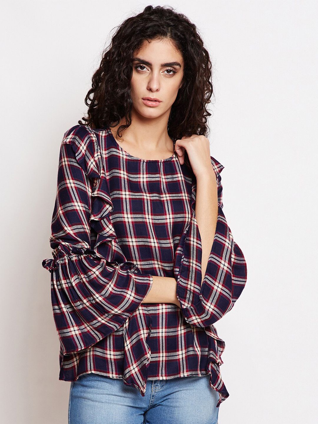 Be Indi Women Navy Blue Checked Ruffles Pure Cotton Top Price in India