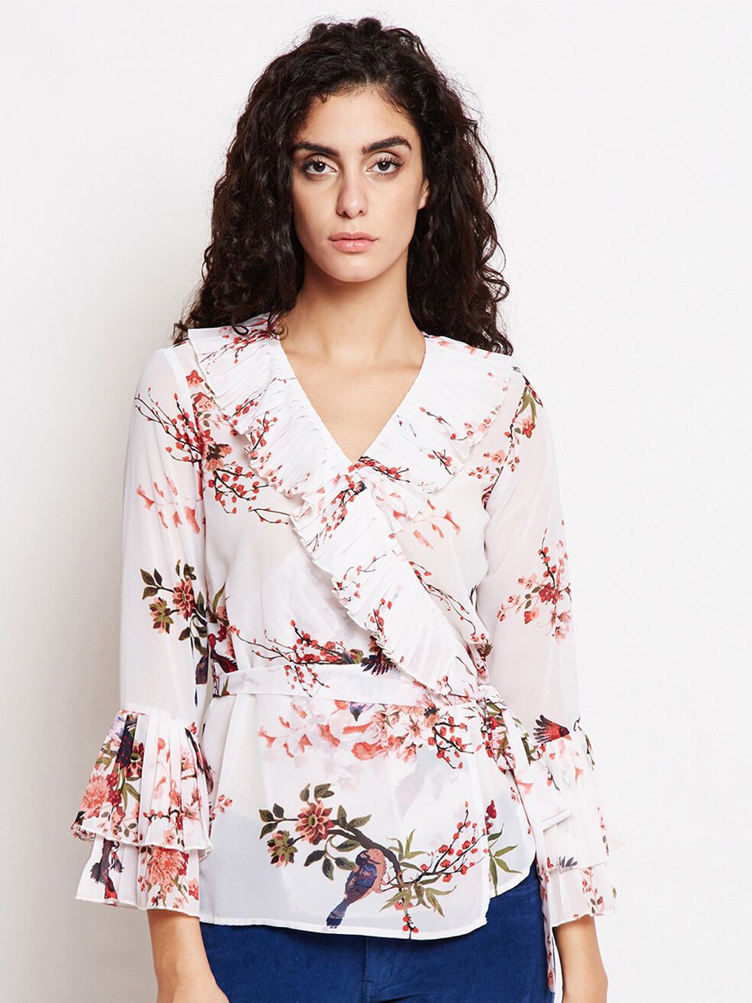 Be Indi Women White Floral Print Ruffles Crepe Top Price in India