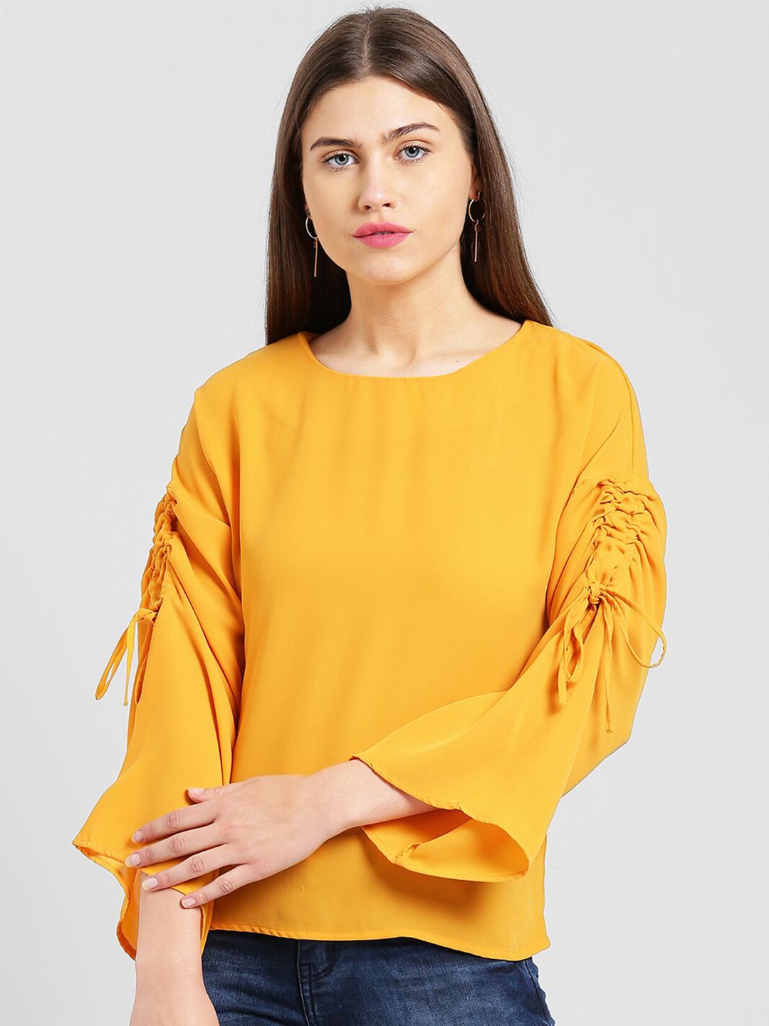 Be Indi Women Yellow Extended Sleeves Pure Cotton Casual Top Price in India