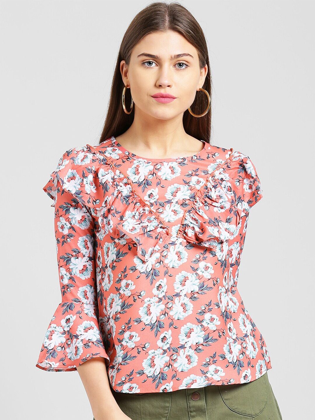 Be Indi Women Coral Floral Print Ruffles Top Price in India