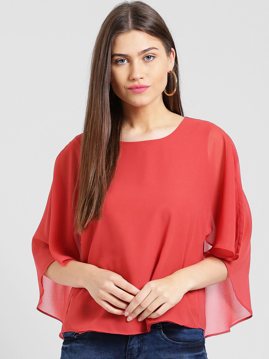 Be Indi Women Coral Georgette Boxy Top Price in India