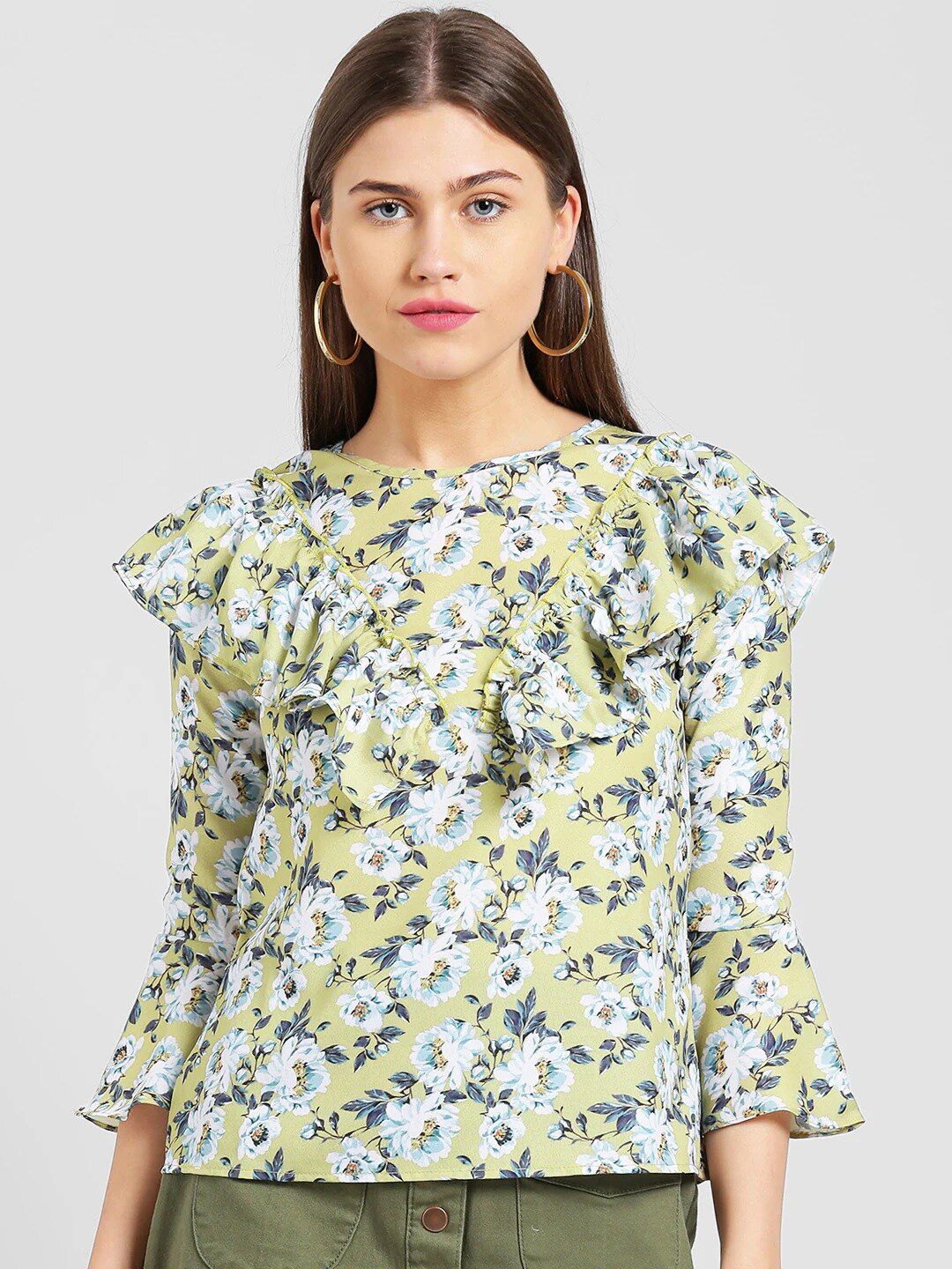 Be Indi Women Olive Green Floral Print Ruffles Top Price in India
