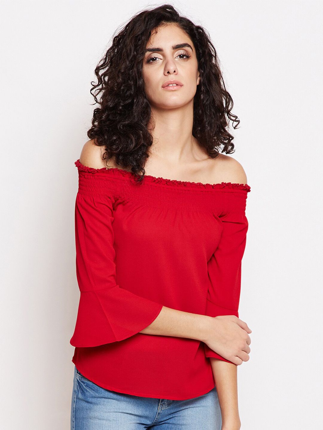 Be Indi Women Red Off-Shoulder Crepe Bardot Top Price in India