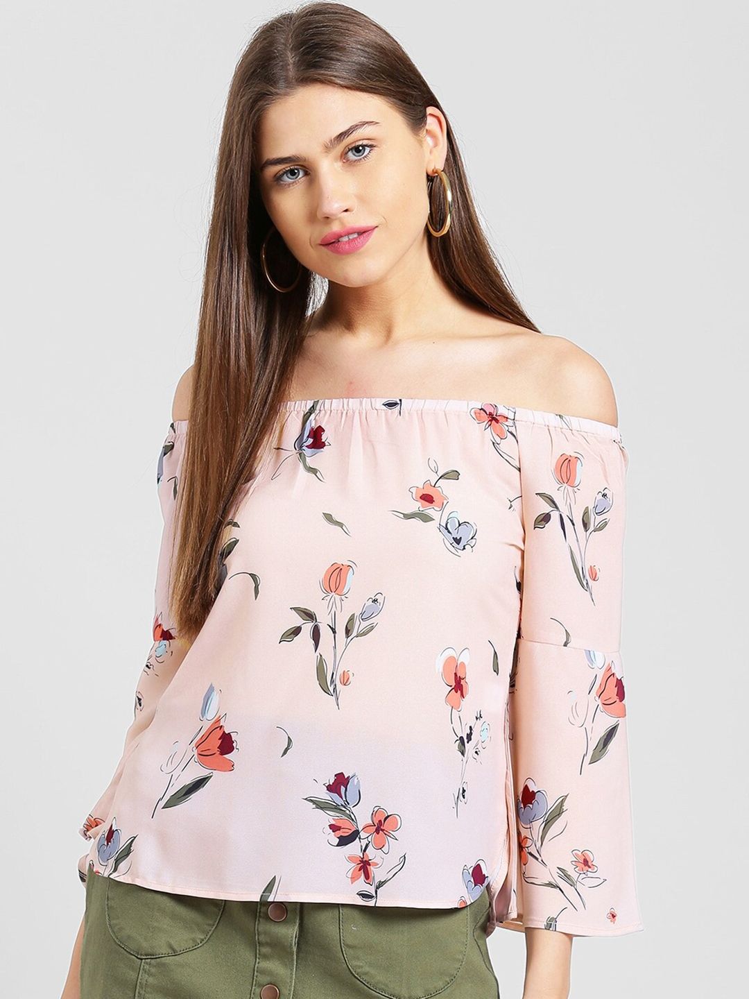 Be Indi Women Pink Floral Print Off-Shoulder Bardot Top Price in India