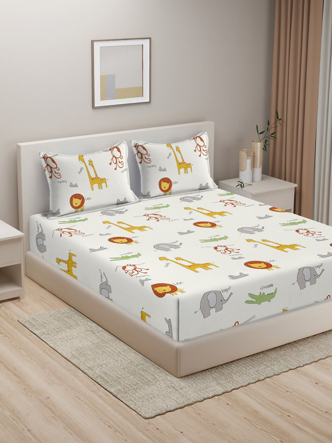 MORADO Off White & Yellow Graphic 210 TC Fitted Queen Bedsheet with 2 Pillow Covers Price in India