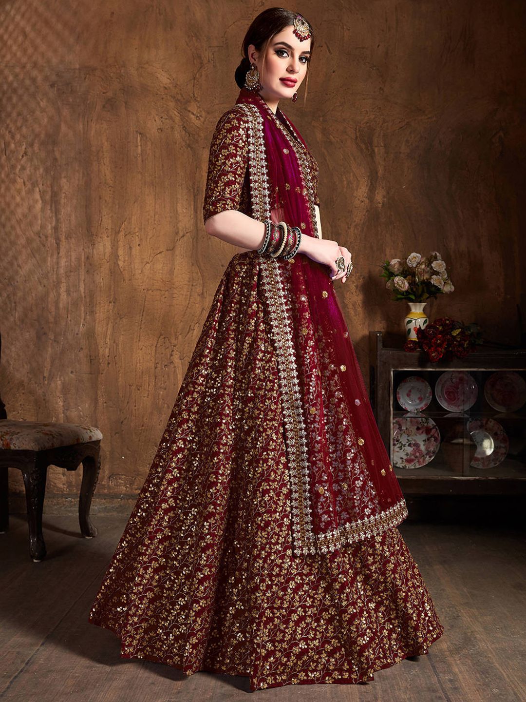 FABPIXEL Maroon & Gold-Toned Embroidered Semi-Stitched Lehenga Choli Price in India