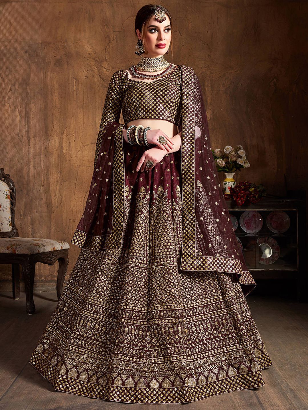 FABPIXEL Maroon & Gold-Toned Embroidered Semi-Stitched Lehenga & Unstitched Blouse With Dupatta Price in India