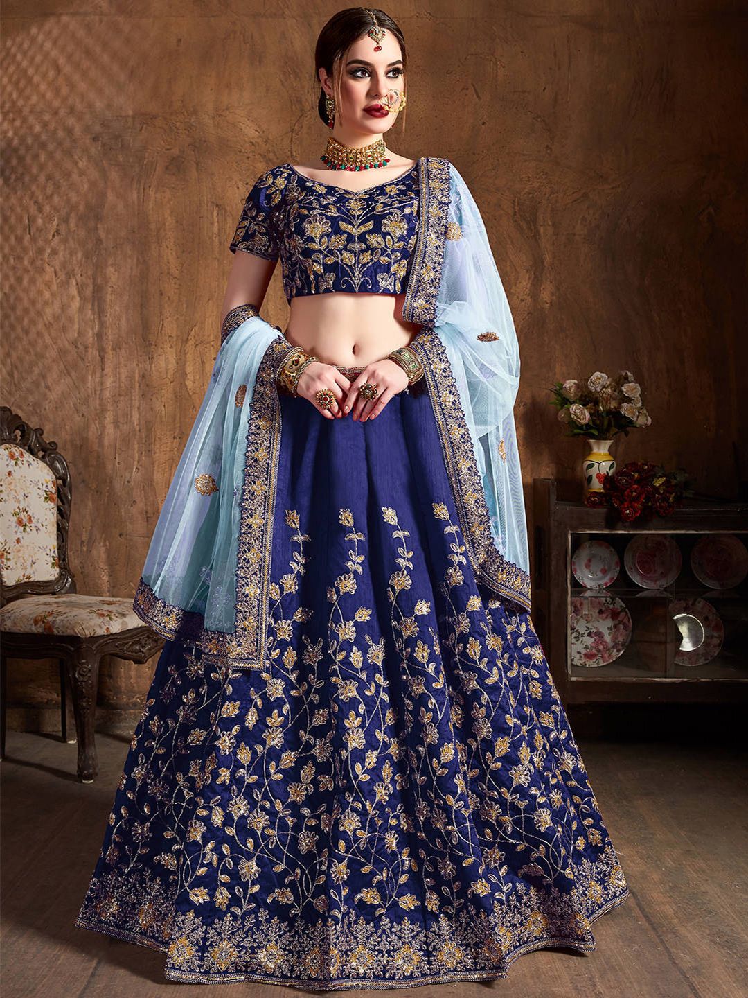 FABPIXEL Navy Blue & Gold-Toned Embroidered Thread Work Semi-Stitched Lehenga & Unstitched Blouse With Price in India