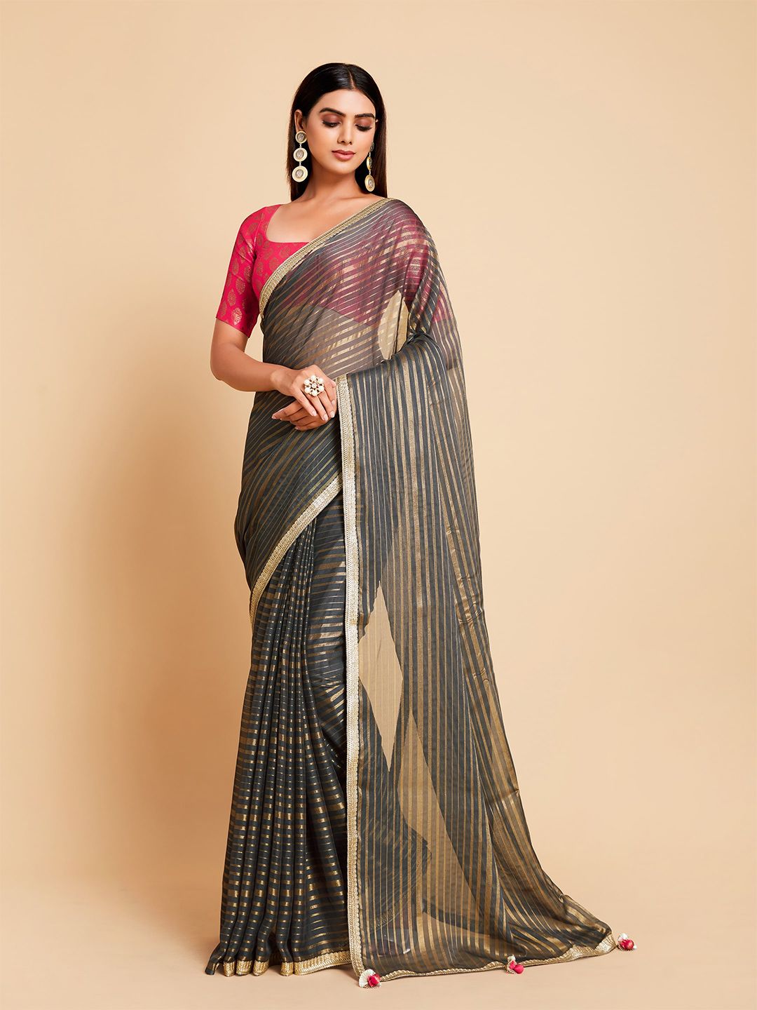 Sangria Grey & Gold-Toned Striped Pure Silk Saree Price in India