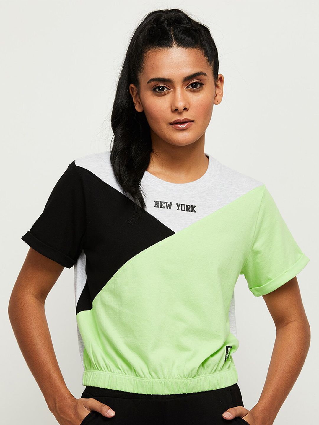 max Women Lime Green & Blue Colourblocked Pure Cotton T-shirt Price in India