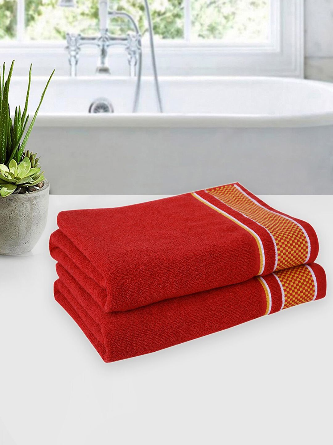 ROMEE Set Of 2 Red Cotton GSM 500 Bath Towels Price in India